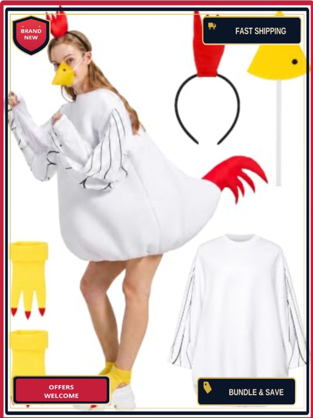Adult Chicken Costume 4PC Set Rooster Cosplay Halloween